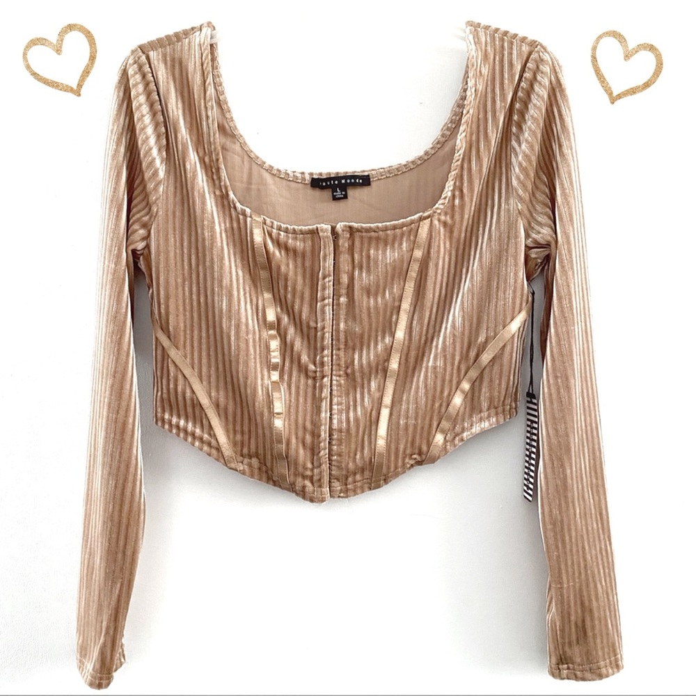 Haute Monde (juniors) golden cropped velvety long sleeve top